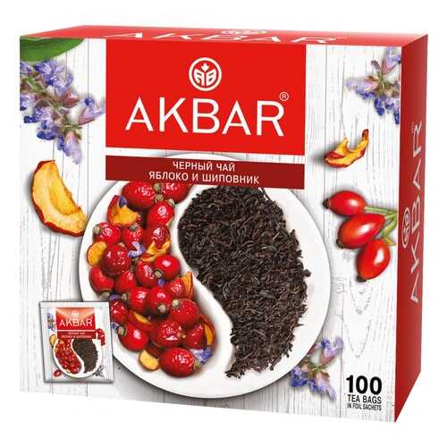 Чай Akbar Яблоко и Шиповник, черный с добавками, 100 сашетов в ЭССЕН